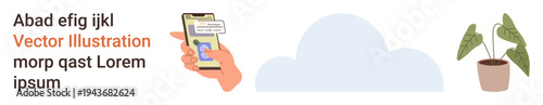 Digital tools, user communication, app navigation, cloud storage, greenery in design, text templates. Hand holding a phone, a cloud and a potted plant illustration. Digital tools and user