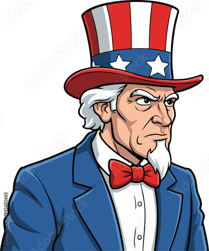 Uncle Sam Cartoon Illustration with a Stern Expression Representing American Patriotism