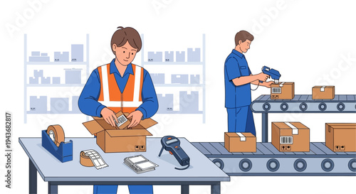 Warehouse workers diligently packing and scanning orders on a conveyor belt.
