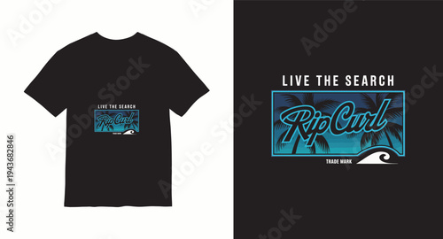 Rip curl surf design with tropical palm trees and ocean wave for summer beach theme graphic