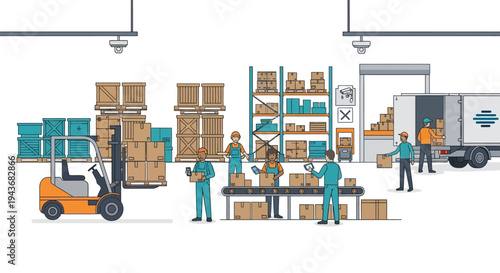Warehouse workers loading and unloading cargo with forklift and truck.