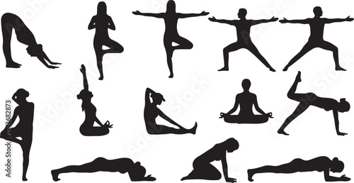 set of yoga pose silhouettes black vector isolated on white background