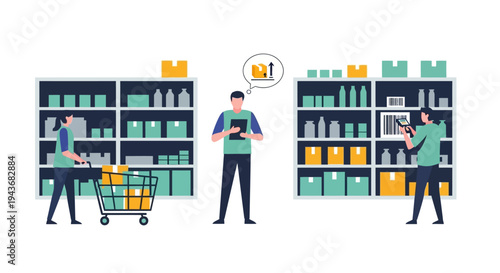 Warehouse workers managing inventory with digital devices.