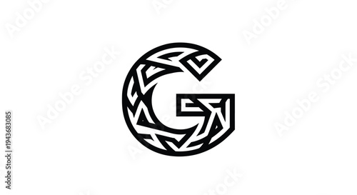 Intricate black and white design featuring the letter g