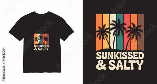 Sunkissed and salty t-shirt design for summer beach vacation with palm trees and retro sunset stripes