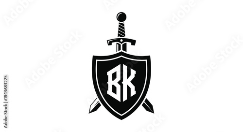 Black and white heraldic shield with crossed swords and lettermark