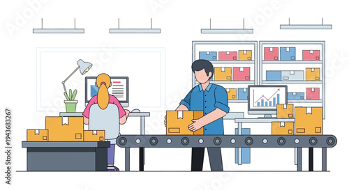Warehouse workers packaging boxes on a conveyor belt for shipment and delivery.