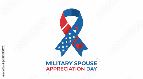 A patriotic red and blue ribbon with stars and a heart, celebrating Military Spouse Appreciation Day on a white background.