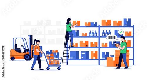 Warehouse workers organizing inventory with forklift and cart.