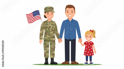 A happy military family standing together, with a woman in uniform holding an American flag, a man, and a young girl holding hands.