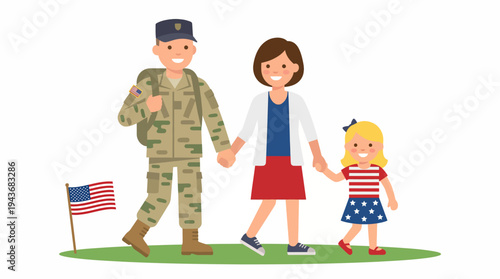 A happy military family, including a soldier, a woman, and a young girl, walking together on grass with an American flag.