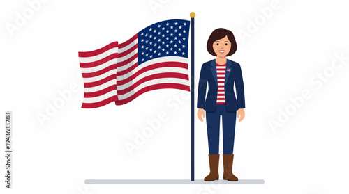 A woman in a blue blazer stands proudly next to a waving American flag on a flagpole, symbolizing patriotism and national pride.