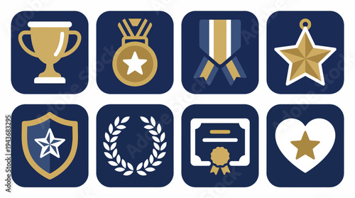 A Collection of Award and Achievement Icons, Featuring Trophies, Medals, Ribbons, Stars, Shields, Laurels, Certificates, and Hearts
