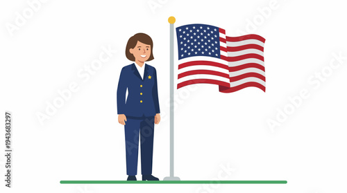 Illustration of a professional woman in a blue suit standing proudly next to a flagpole with the American flag waving against a white background.