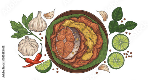Thai Salmon Curry with Herbs, Garlic, Chili, and Lime - Top View