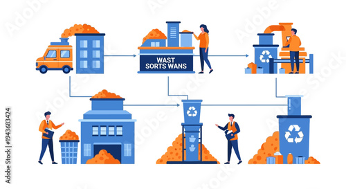 Waste management process illustration showing collection and recycling.