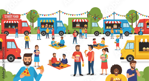 Diverse people enjoying food at a vibrant street food festival with colorful trucks.
