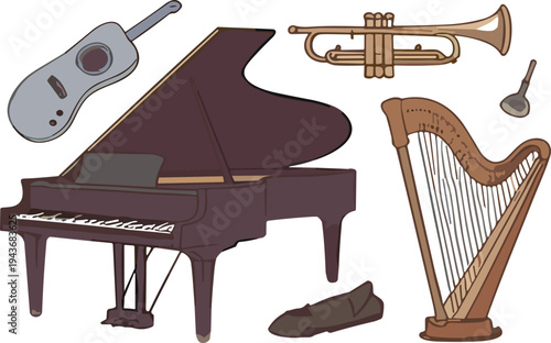 Vintage musical instruments and classical orchestra elements collection with piano guitar violin harp trumpet retro vector illustration set