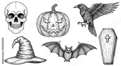 Halloween Icons Sketch: Skull, Pumpkin, Bat, Raven, Witch Hat, Coffin