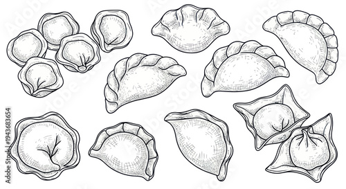 Hand-drawn dumplings illustration. Assortment of pelmeni, pierogi, and wonton.