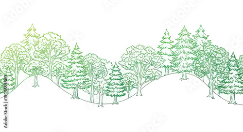 Hand-drawn forest landscape with green gradient trees on white background