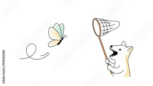 Playful white dog with a net tries to catch a flying butterfly in this charming and simple cartoon style illustration.