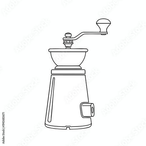 Black and white line drawing of a manual coffee grinder with a crank handle