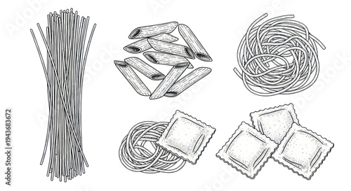 Hand-drawn pasta assortment: spaghetti, penne, ravioli, and nests