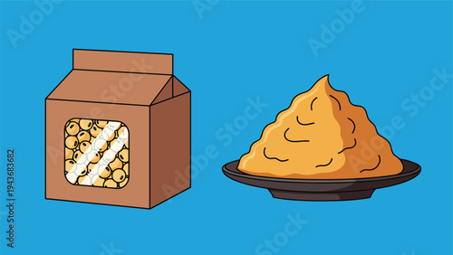 Cardboard box of soybeans and a pile of savory miso paste are displayed on a plate against a solid blue background.