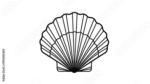 Symmetrical line drawing of a scallop seashell is presented in a clean minimalist style for beach and marine themes.