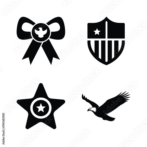 Patriotic American Symbols: Ribbon, Shield, Star, and Eagle Icons Representing Freedom, Honor, and National Pride