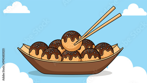 Person uses wooden chopsticks to pick up a single takoyaki ball from a large pile in a bowl against a blue sky background.