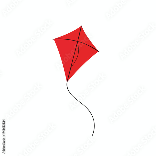 A simple red diamond-shaped kite with a black string suspended in a white void
