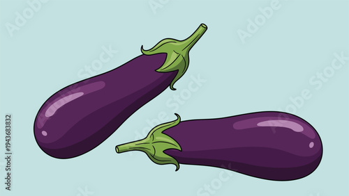 Two glossy purple eggplants with green stems are positioned diagonally across a light blue background for food concepts.