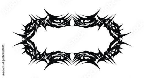 Black tribal design forming an oval frame with stylized eyes