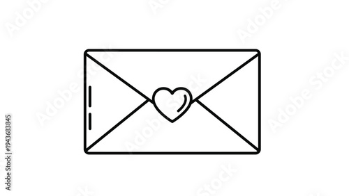 Simple black and white line drawing of a closed envelope with a small heart in the center of the flap for love letters.