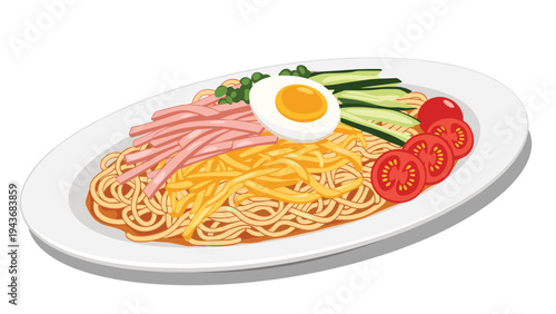 Plate of colorful Hiyashi Chuka cold noodles topped with ham, egg, cucumber, and tomatoes is served for a summer meal.