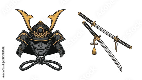 Detailed illustration of a traditional Japanese samurai helmet with a mask is paired with two sharp katana swords.