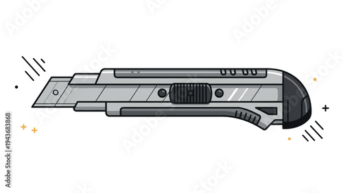 Modern gray utility knife with a retractable blade and ergonomic handle is depicted as a tool for cutting and crafts.