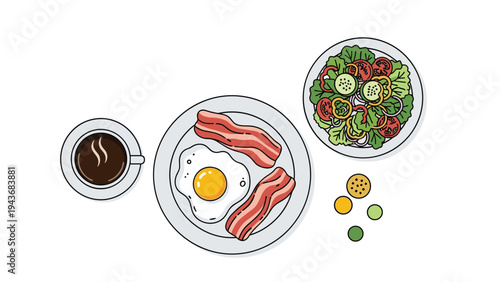 Hearty breakfast spread includes a cup of black coffee, a plate with a fried egg and bacon, and a bowl of fresh salad.