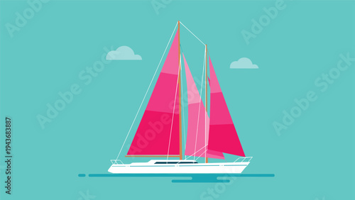 Elegant white sailboat with large vibrant pink sails glides across a turquoise sea under a clear sky with two clouds.