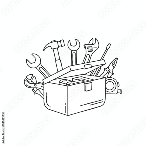 An open toolbox overflows with various hand tools like wrenches, a hammer, pliers, and a screwdriver