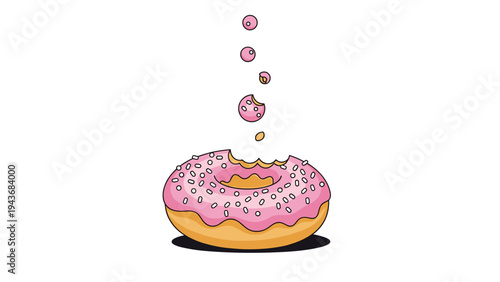 Delicious pink frosted donut with white sprinkles has a bite taken out of it and crumbs falling down in a playful graphic.