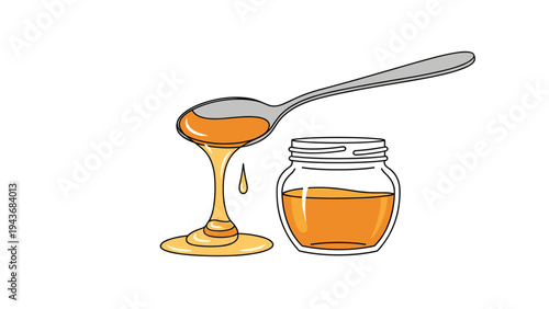 Golden honey is being drizzled from a silver spoon into a small glass jar in this warm and inviting kitchen-themed illustration.