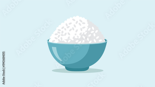 Simple blue bowl is filled with a generous mound of white steamed rice in a clean and minimal graphic for food-related designs.