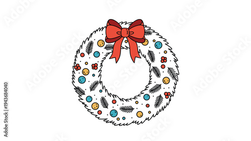 Festive Christmas wreath is decorated with red ribbon, pine needles, colorful ornaments, and berries on a plain white background.