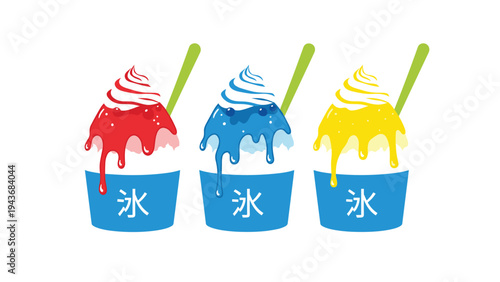 Set of three colorful Japanese shaved ice desserts called kakigori are topped with syrup and cream in blue, red, and yellow.