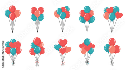 Assorted bunches of colorful balloons in red, blue, and peach colors are arranged with strings for a festive party atmosphere.
