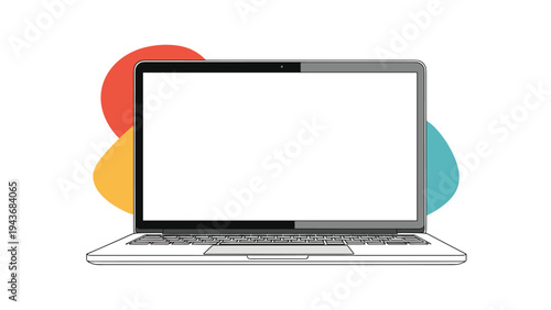 Open laptop computer is shown from the front with a blank white screen and colorful abstract shapes floating in the background.