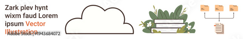 Cloud computing, digital storage, data management, online education, workflow organization, eco-friendly design. Cloud outline, stacked books with plants file-sharing network. Cloud computing